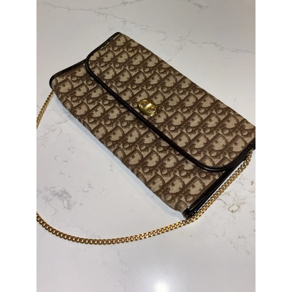 Dior Monogram Trotter Beige Brown Clutch Bag Gold Chain Shoulder Bag